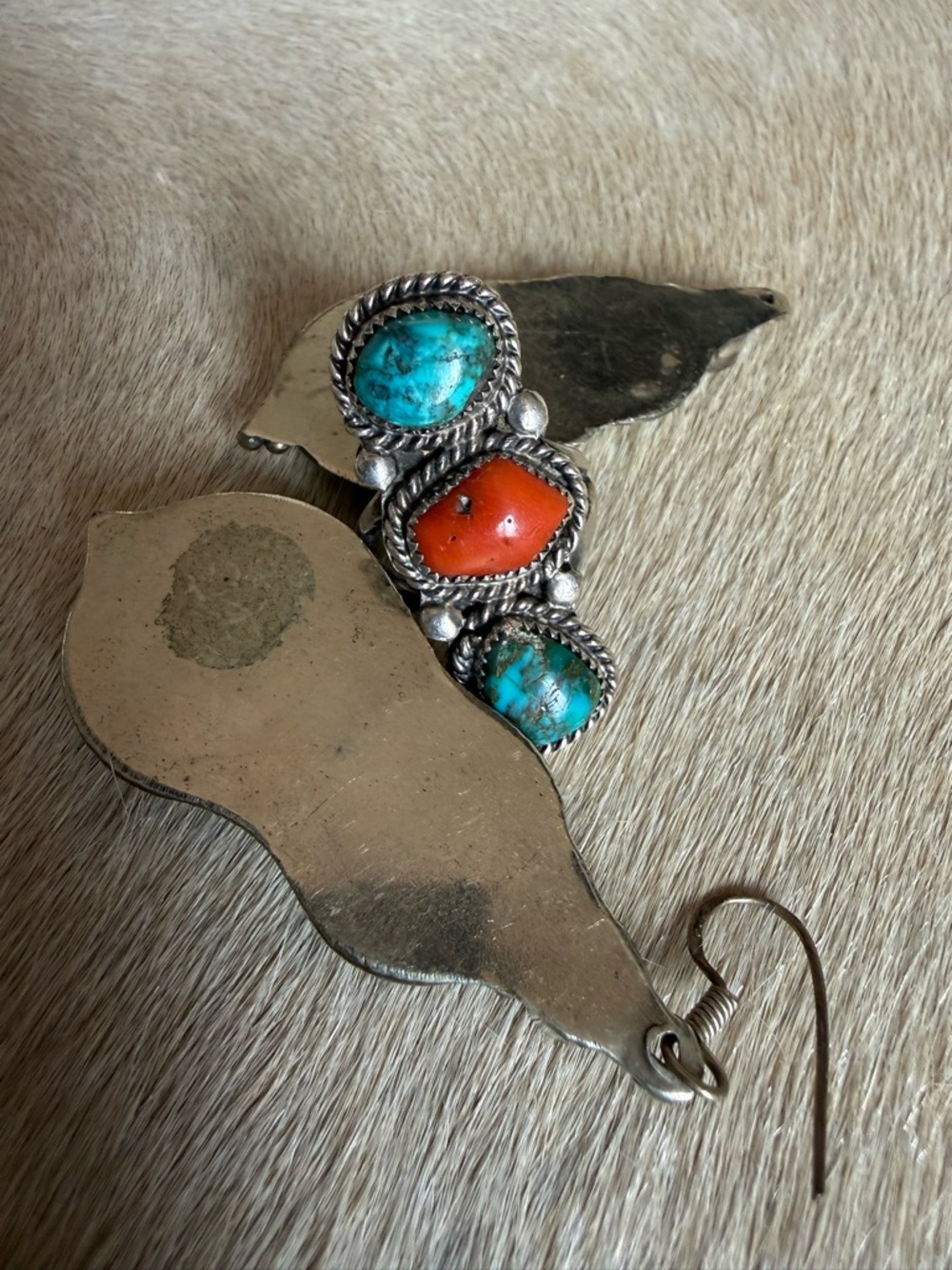 Turquoise & Coral Inlay Dangle Earrings and Ring Set - Picture 8 of 9